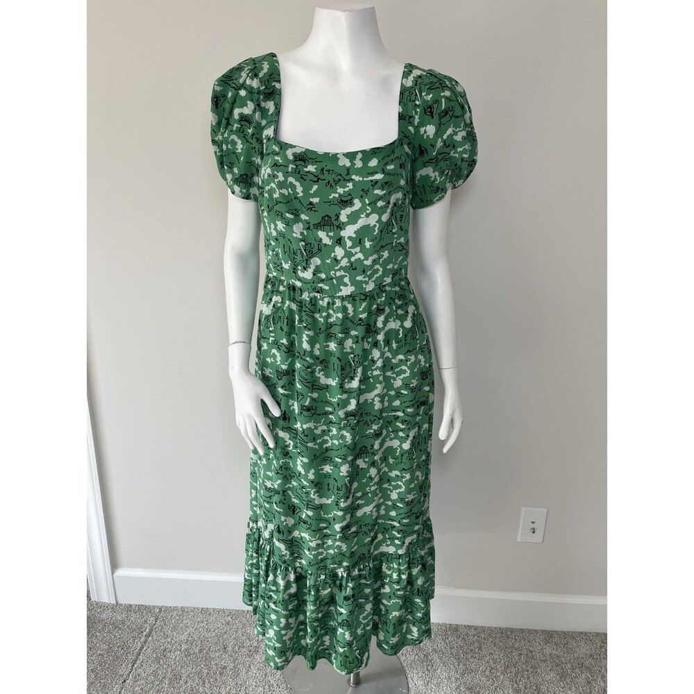 HVN Tender Loving Care Silk Midi Dress Puff Sleeves Farm Animals Print 6 Cottage